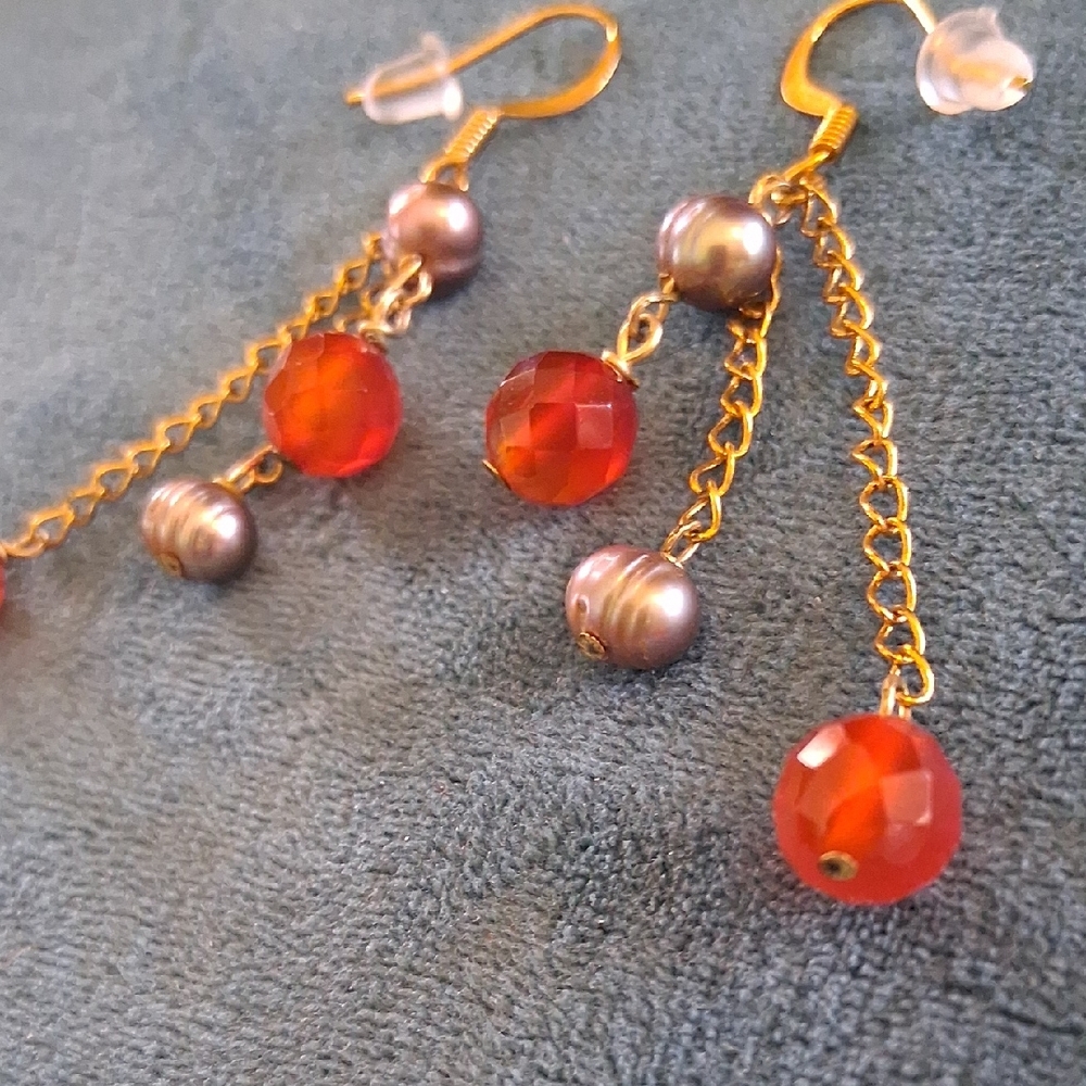 Gold Hook & Chains ,Silver Fresh Water Pearls With Carnelian Stone Earrings.